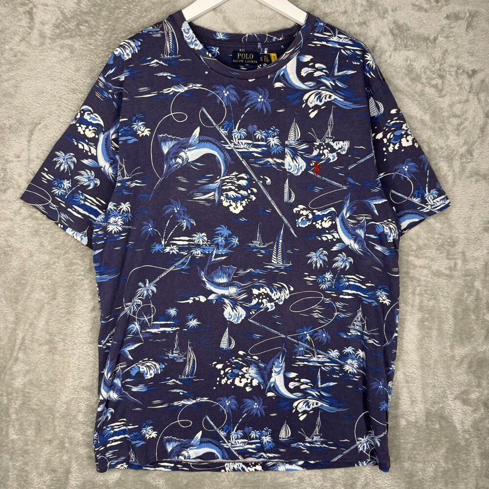 Polo Ralph Lauren T-Shirt Mens Large Tall All Over Print Marlin Fishing Sailing